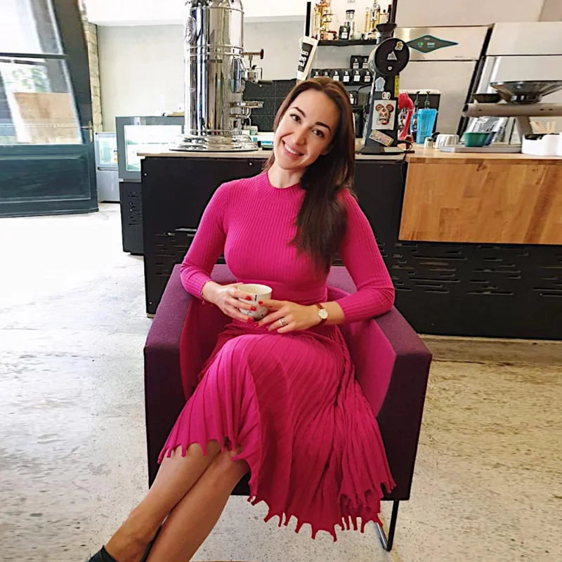 Kvinna Långärmad Klänning Veckad Ribbad Polyester-2