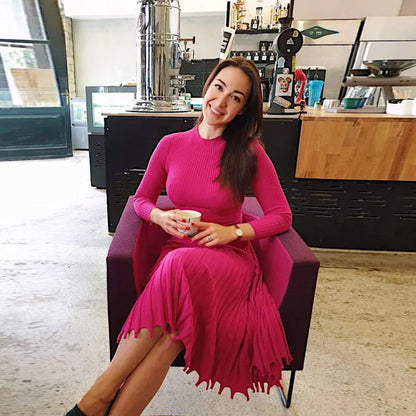 Kvinna Långärmad Klänning Veckad Ribbad Polyester-2