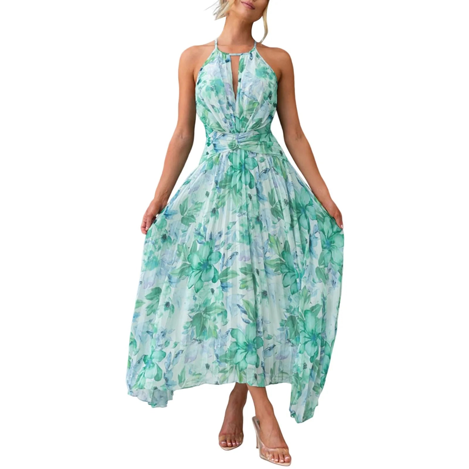 Maxiklänning Dam Halterneck Blommönster Polyester Elegant och Komfortabel-2