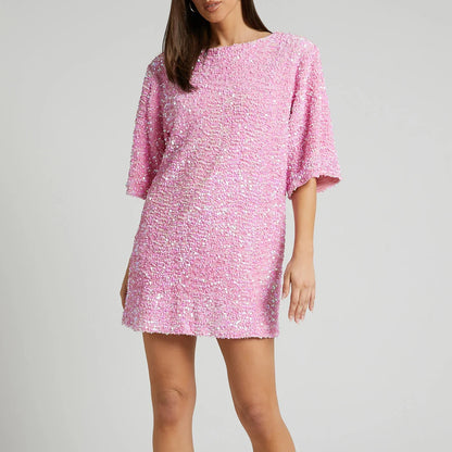 Dam Paljettklänning Klockärmar Polyester för Fest och Bröllop-3