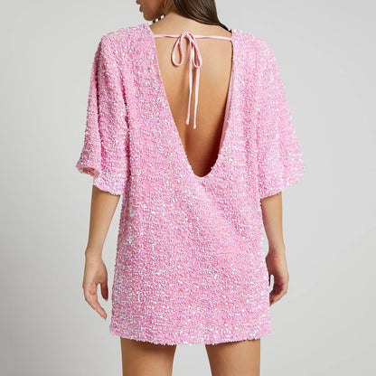 Dam Paljettklänning Klockärmar Polyester för Fest och Bröllop-4