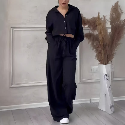 Dam Set Långärmad Topp Vida Byxor Bomull Linne-1