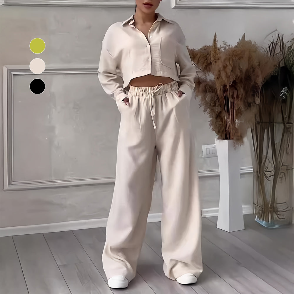 Dam Set Långärmad Topp Vida Byxor Bomull Linne-3