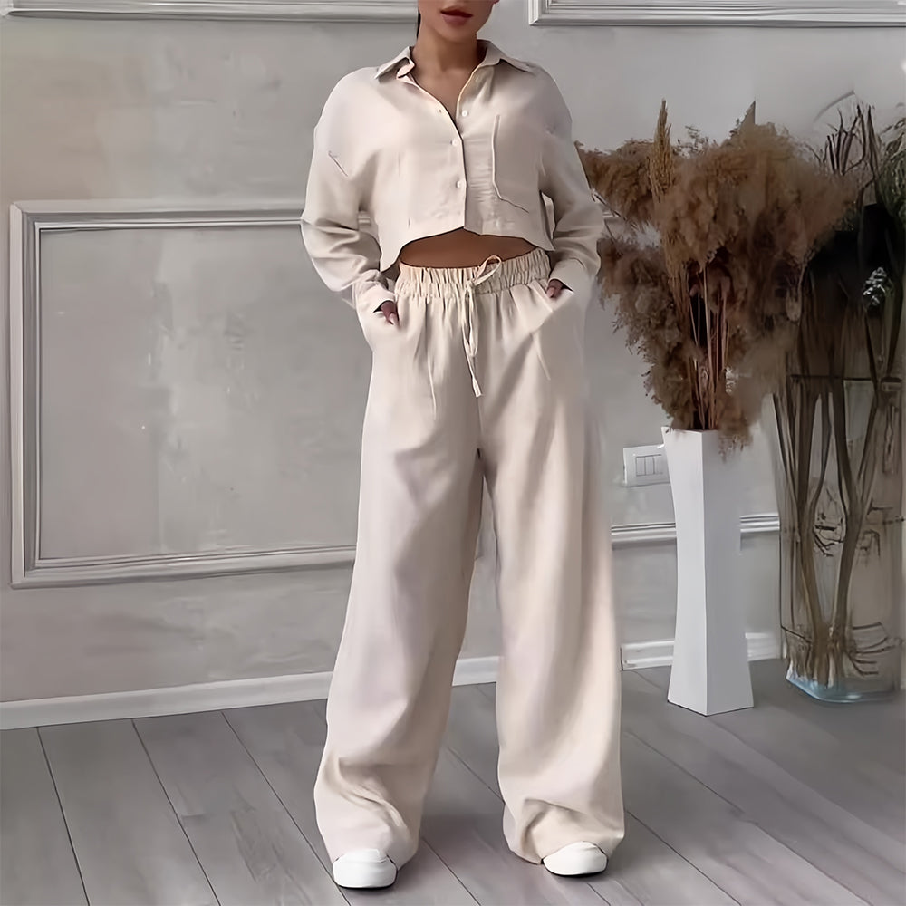 Variant image for Dam Set Långärmad Topp Vida Byxor Bomull Linne-9