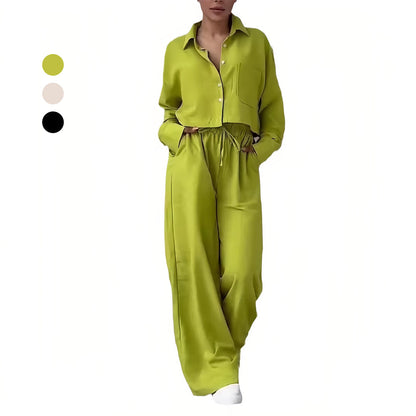 Dam Set Långärmad Topp Vida Byxor Bomull Linne-5