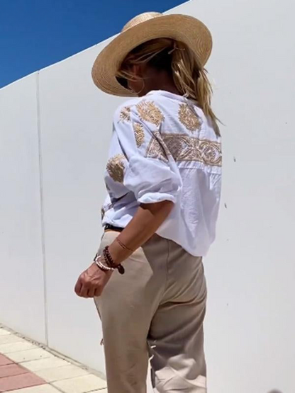 Kvinnors Långärmad Skjorta Boho Stil i 100% Linne-3