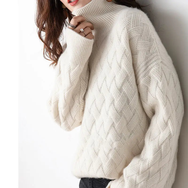 Kvinnors Turtleneck Tröja Mjuk Ull Stickad Avslappnad Passform-2