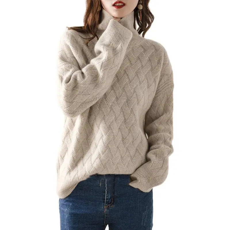 Kvinnors Turtleneck Tröja Mjuk Ull Stickad Avslappnad Passform-4