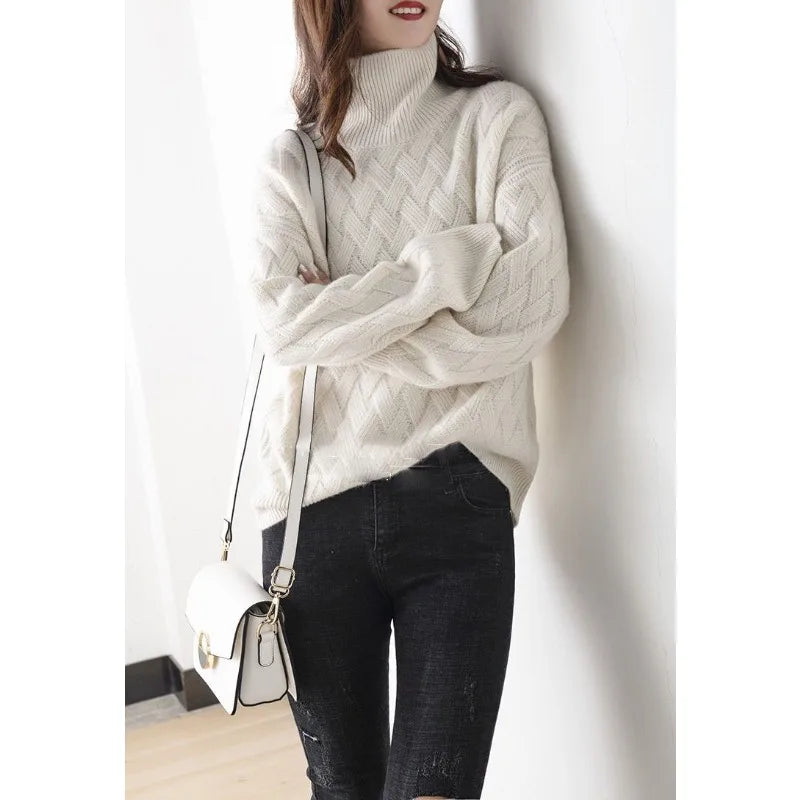 Kvinnors Turtleneck Tröja Mjuk Ull Stickad Avslappnad Passform-3