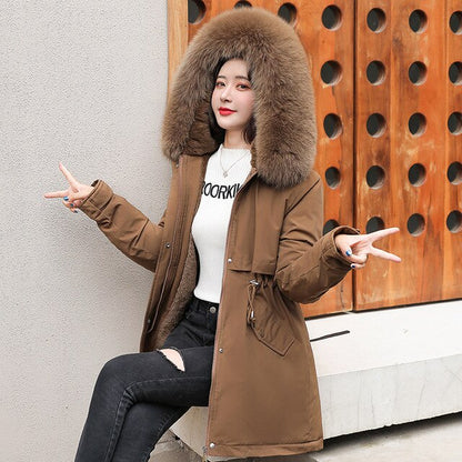 Damjacka Lång Parka med Borttagbar Pälskrage Polyester-4