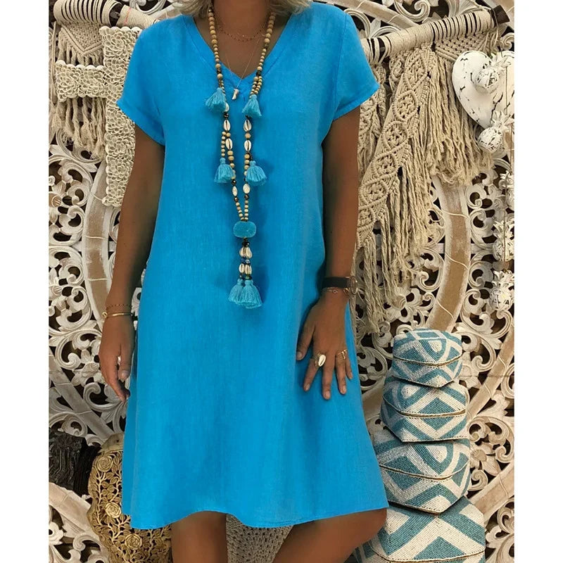 Damklänning MIDI V-ringning Rayon och Linne, Lätt och Luftig Silhuett 3