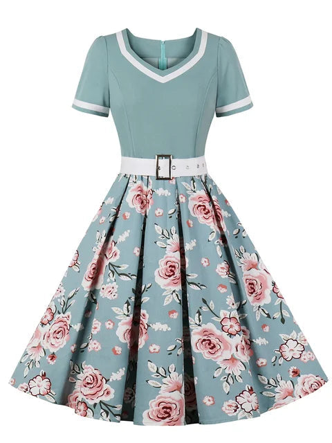 Damklänning Retro Stil V-Neck med Bälte Polyester 6