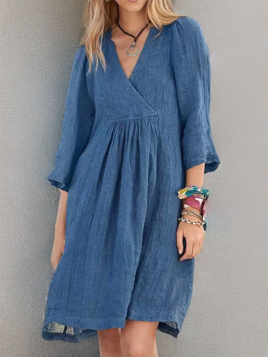 Damklänning med Veck i Linne och Bomull för Elegant Stil 0