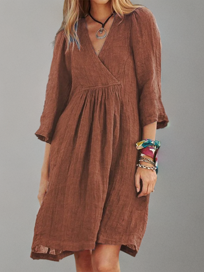 Damklänning med Veck i Linne och Bomull för Elegant Stil 1