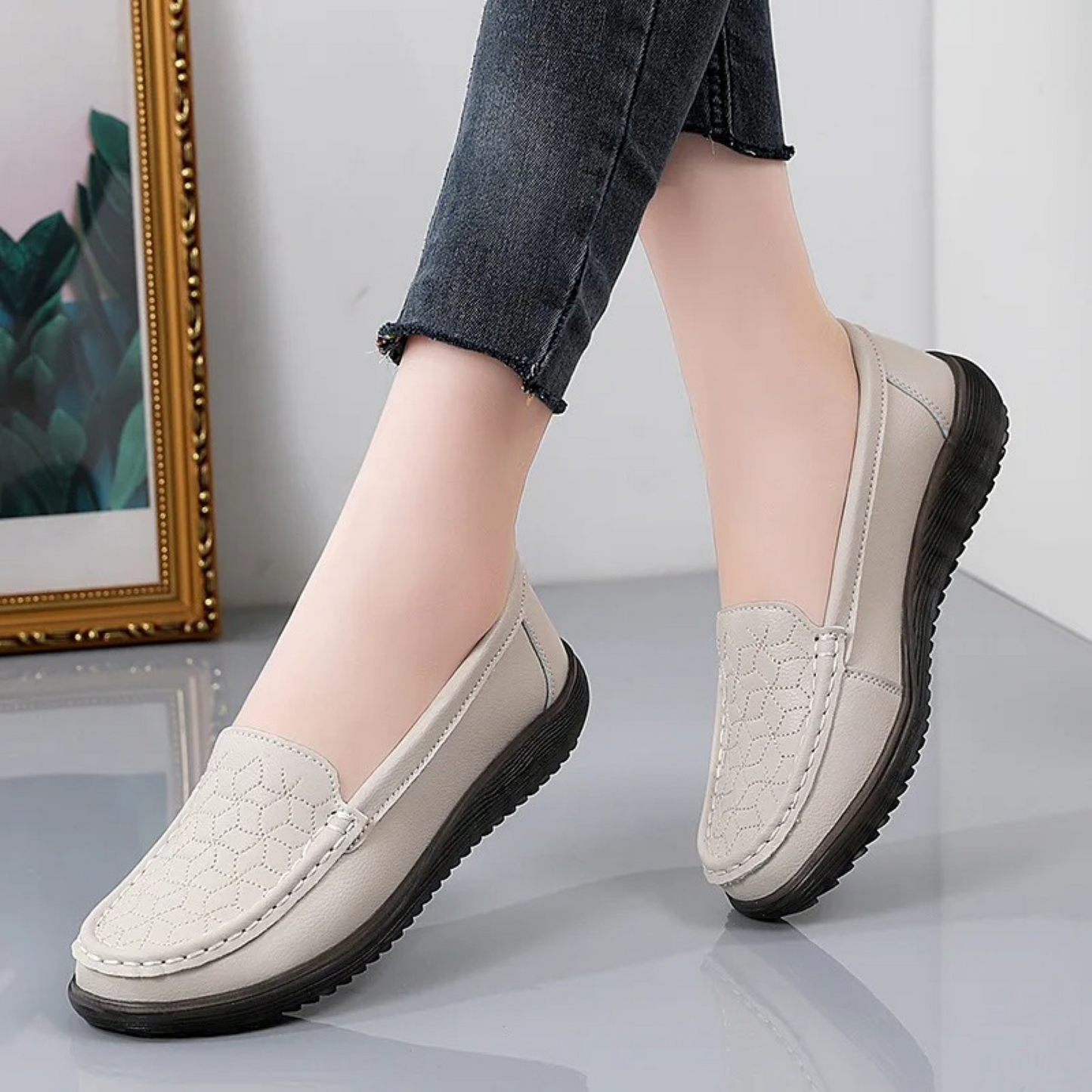 Damskor Läderloafers med Lättnadsmönster Eleganta och Bekväma 0