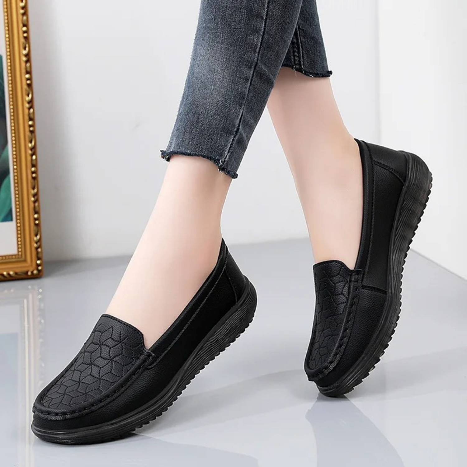 Damskor Läderloafers med Lättnadsmönster Eleganta och Bekväma 2