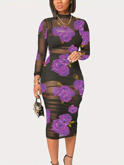 Dam Strandklänning Blommönstrad Nätverksmaterial Elegant Sommarstil-4