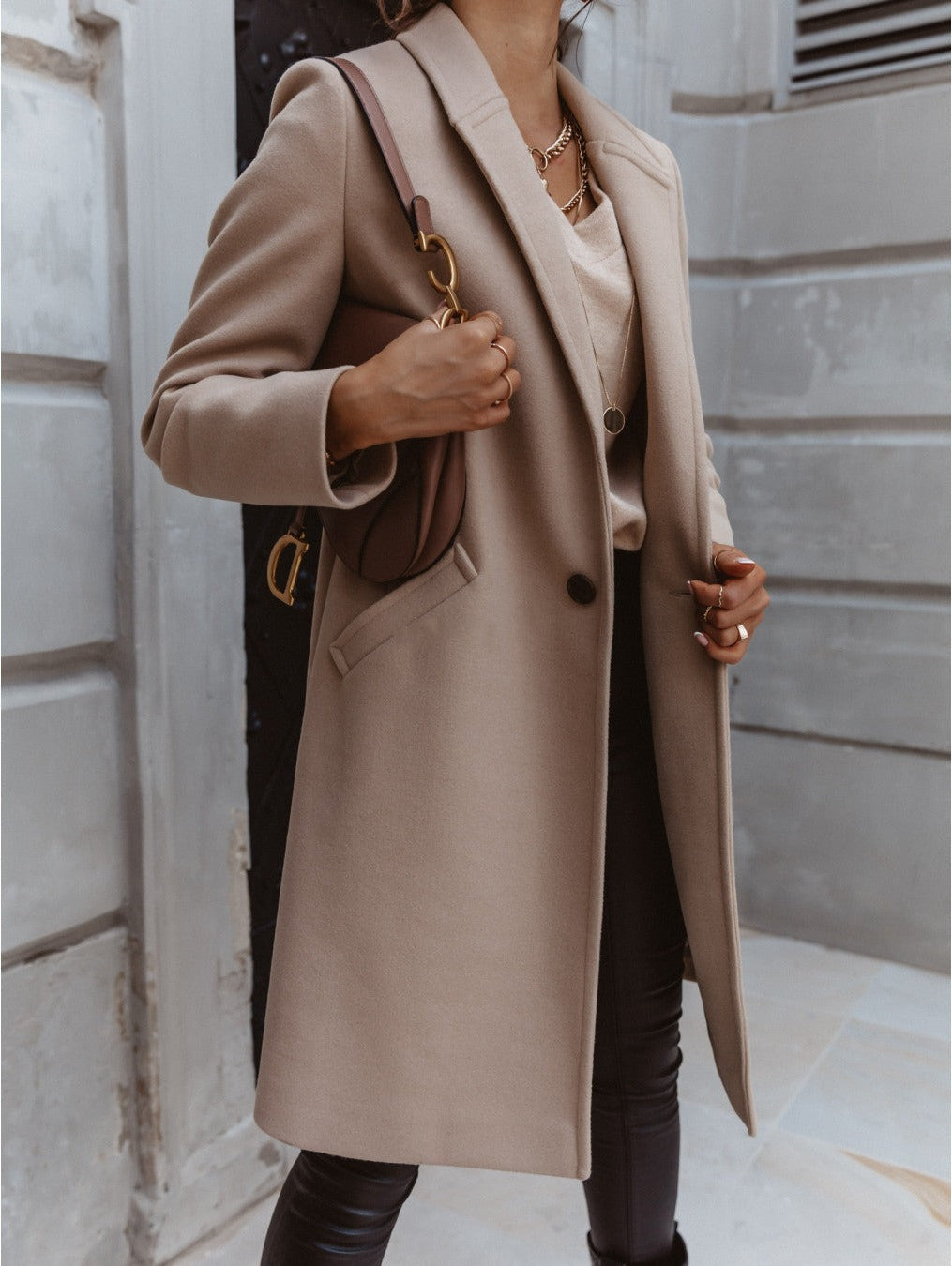 Dam Kappa Midi Klassisk Stil med Knappstängning Högkvalitativt Tyg-3