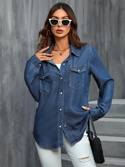 Dam Blus Långärmad Lös Passform Ljusväv-4