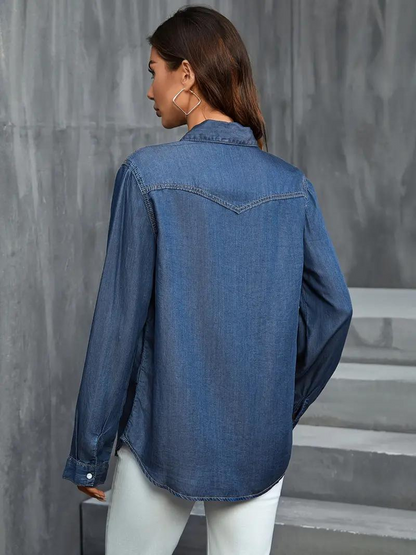 Dam Blus Långärmad Lös Passform Ljusväv-6