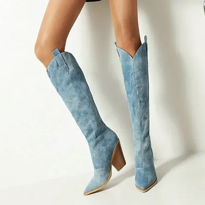 Dam Stövlar Höga Klackar Denim Elegant Komfortabel Design-2