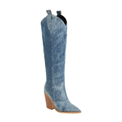 Dam Stövlar Höga Klackar Denim Elegant Komfortabel Design-5