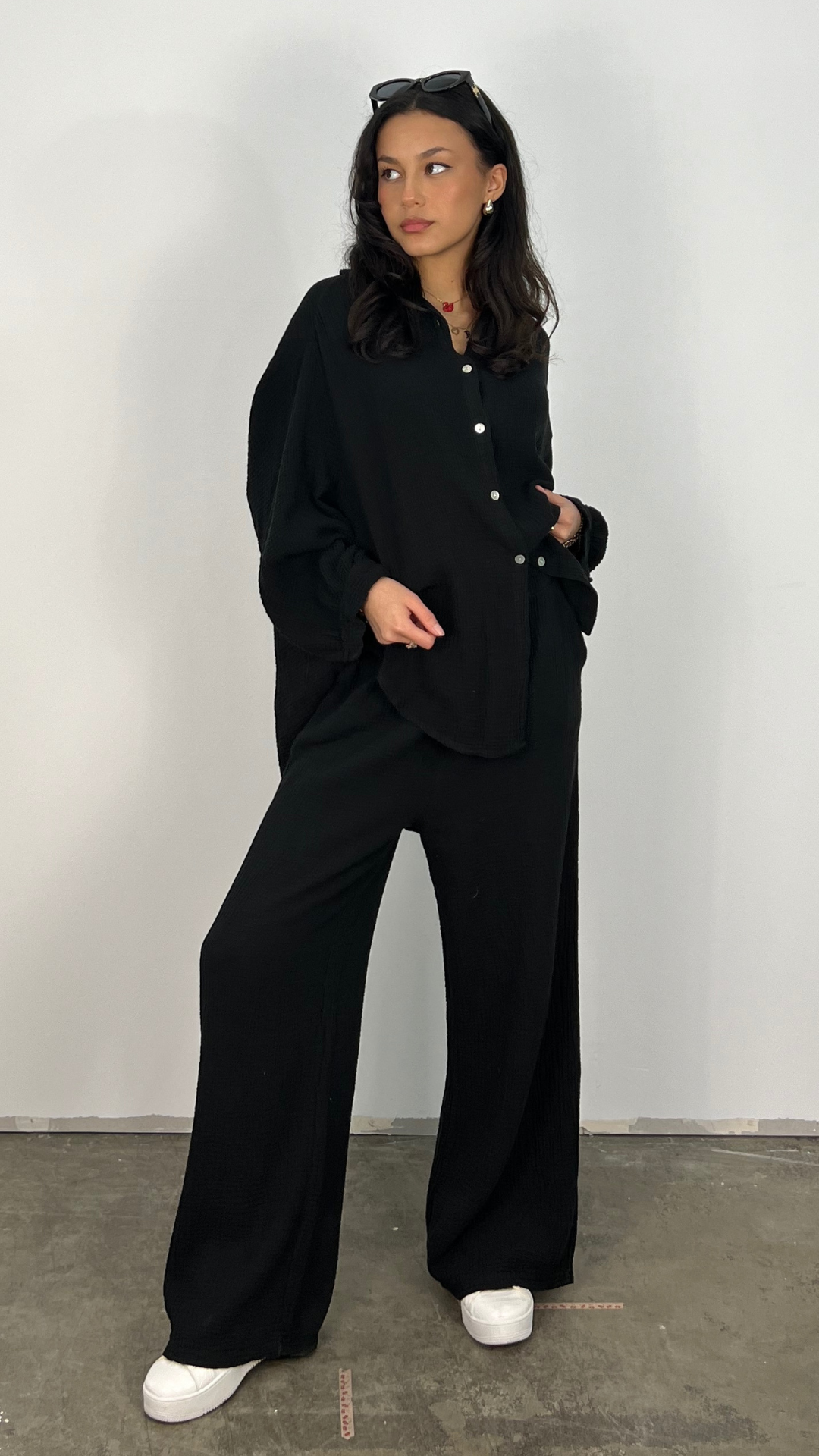 Snygga Byxor Dam Musselin 100% Bomull med Knappframsida-1