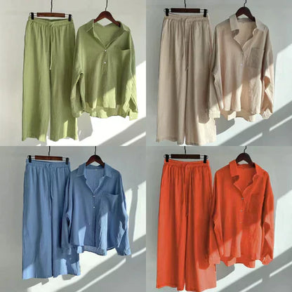 Dam Linne Set Långt Byxor och Topp Löst Sittande Linne-2