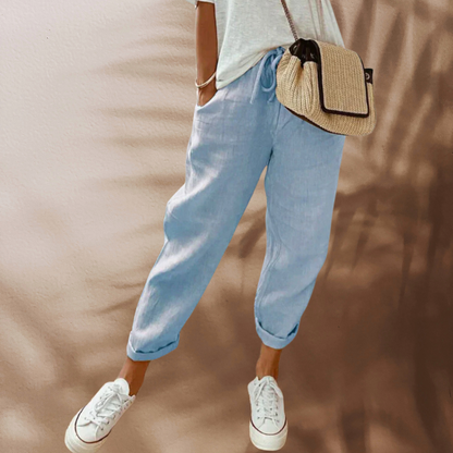 Dam Linnebyxor Casual Elegant Hög Midja 100% Linne-4