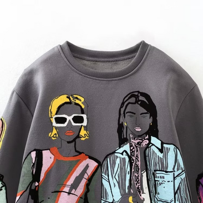 Dam Tröja Graffiti Tryck Långärmad 100% Bomull-4