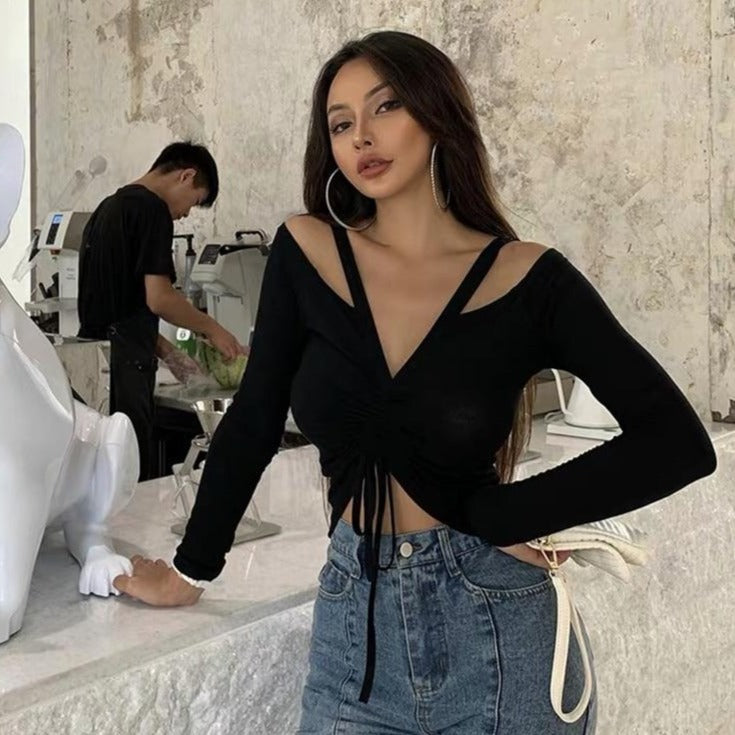 Dam Långärmad T-Shirt V-Hals Mjuk Bomull-4