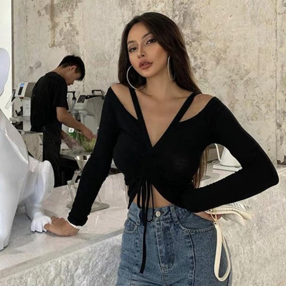 Dam Långärmad T-Shirt V-Hals Mjuk Bomull-4