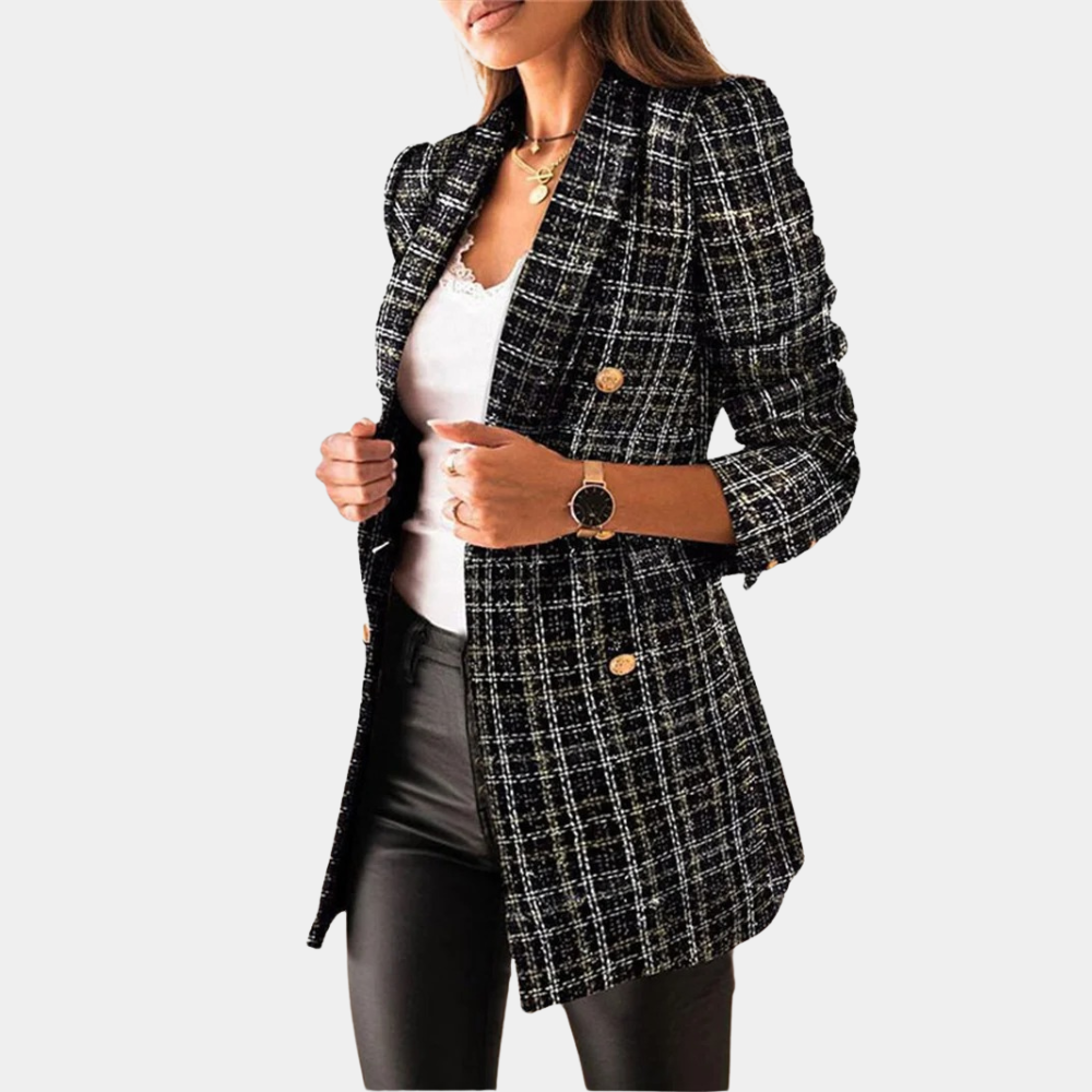 Kvinna Dubbelradad Blazer Tweed Elegant Design-3