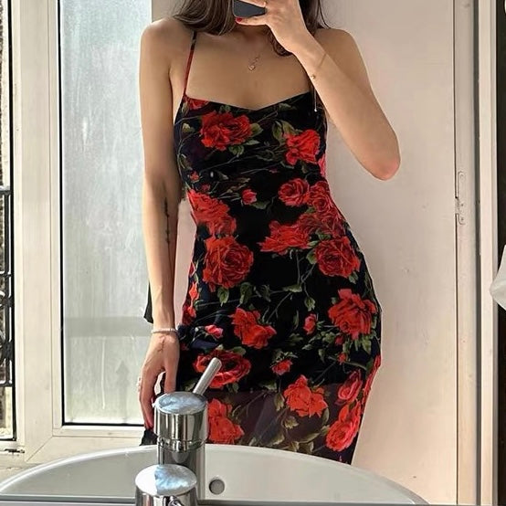 Dam Blomklänning Spaghettiremmar Polyester Kroppsnära Silhuett-4