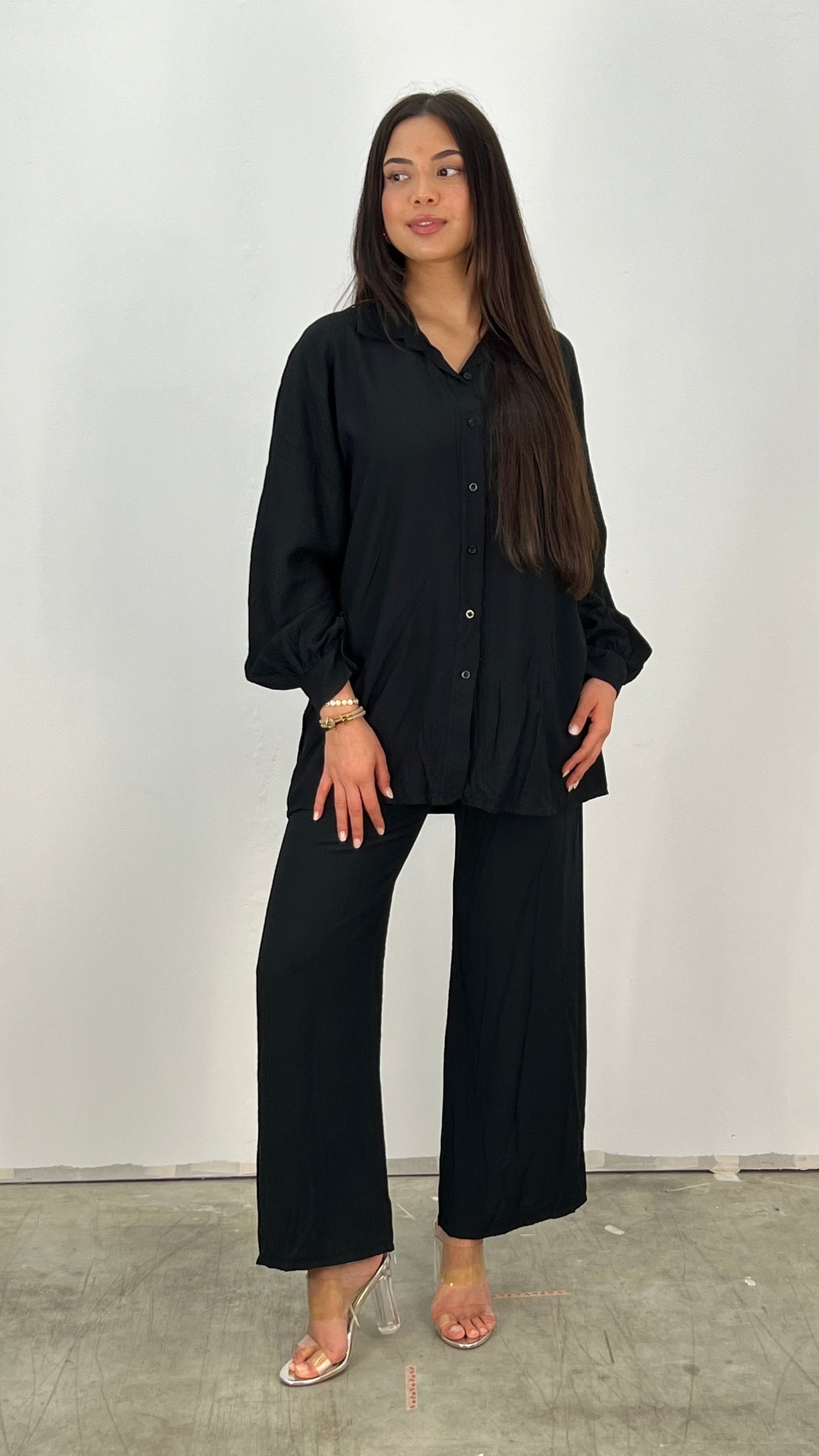 Dam Casual Set Lättviktig Blus och Bred Byxa Andningsbart Tyg-1