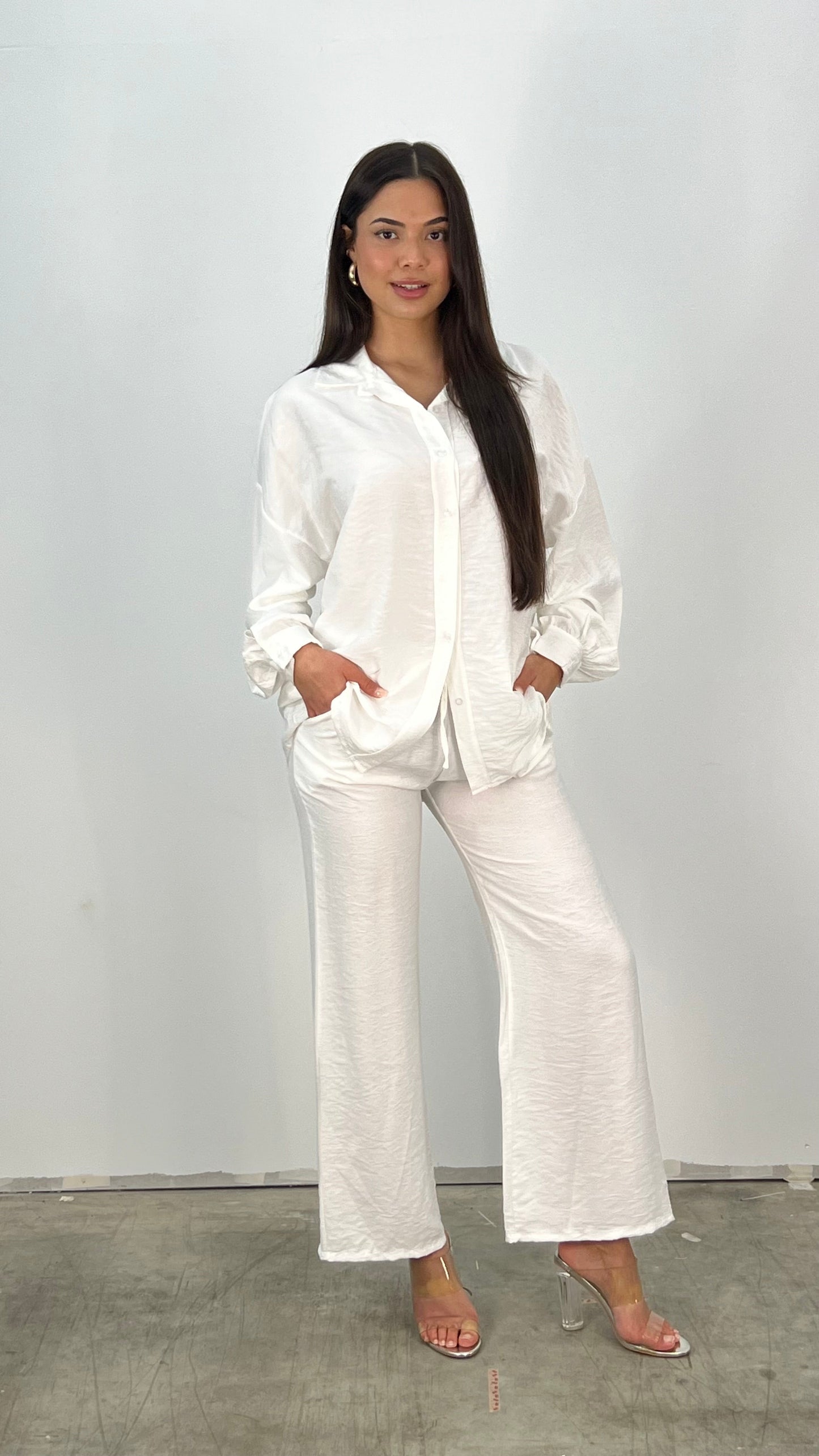 Dam Casual Set Lättviktig Blus och Bred Byxa Andningsbart Tyg-2