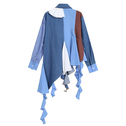 Asymmetrisk Dam Skjorta med Patchwork Design och Vikbar Krage – Trendig Jersey Blus för Vardag och Fest 2