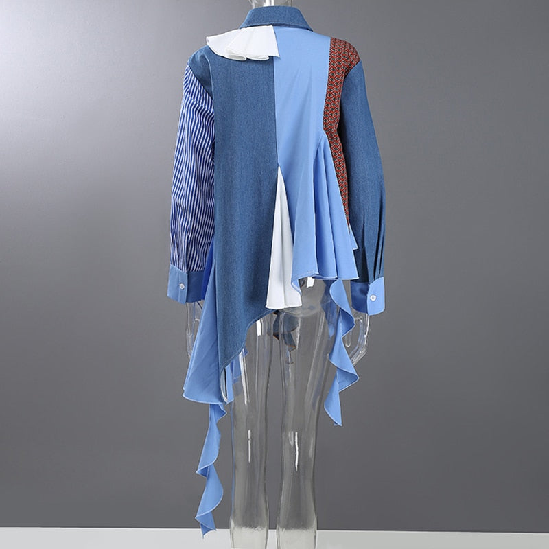 Asymmetrisk Dam Skjorta med Patchwork Design och Vikbar Krage – Trendig Jersey Blus för Vardag och Fest 4