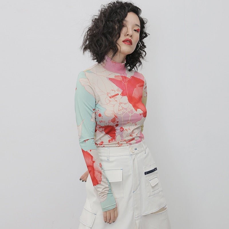 Dam Turtleneck Skjorta Blomstertryck Bomull Lång Ärmar-4