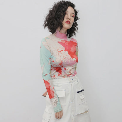 Dam Turtleneck Skjorta Blomstertryck Bomull Lång Ärmar-4