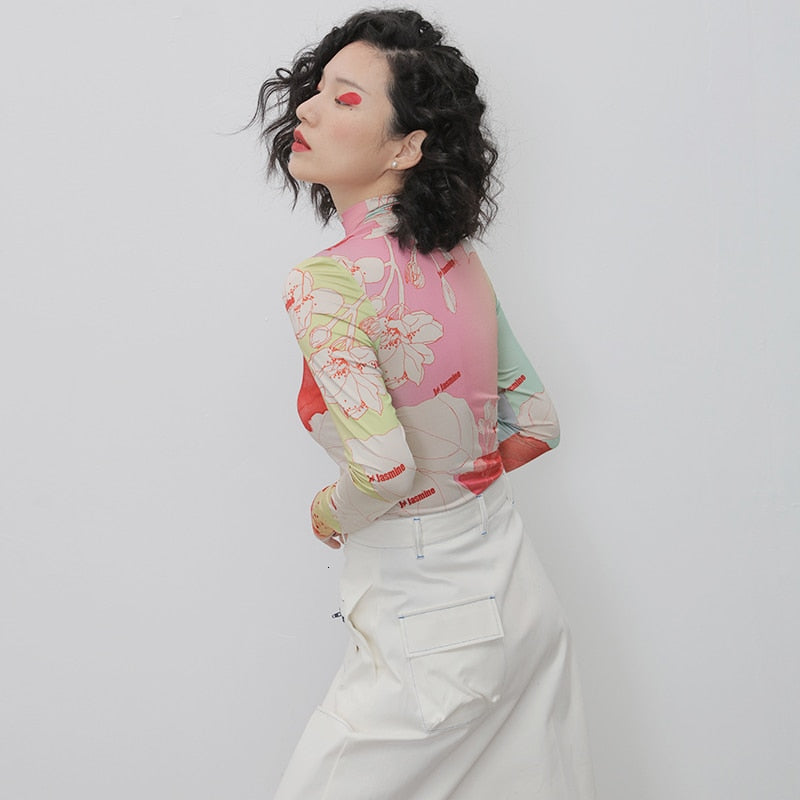 Dam Turtleneck Skjorta Blomstertryck Bomull Lång Ärmar-3