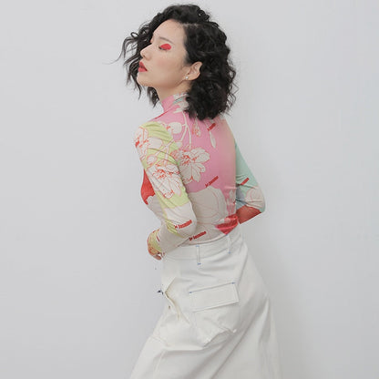 Dam Turtleneck Skjorta Blomstertryck Bomull Lång Ärmar-3