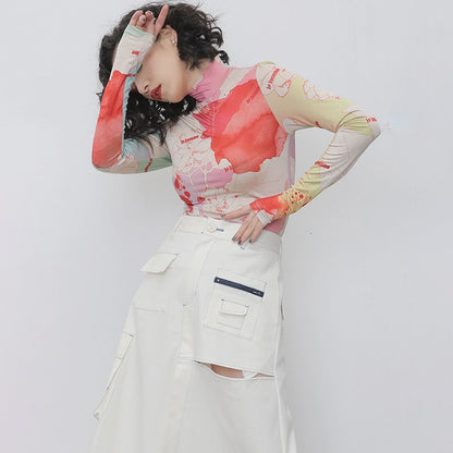 Dam Turtleneck Skjorta Blomstertryck Bomull Lång Ärmar-5