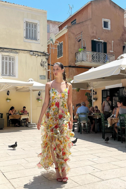 Kvinnors Chiffongklänning Romantisk Blommönster med Slits-6