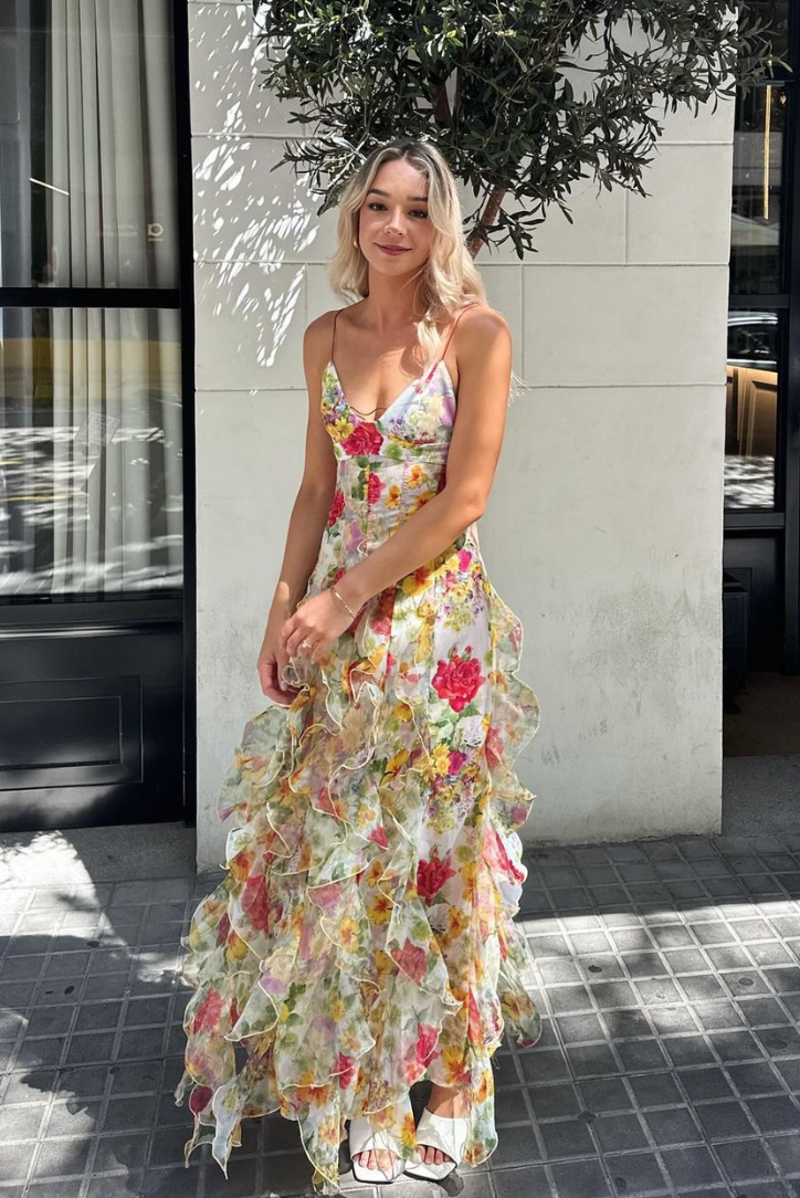 Kvinnors Chiffongklänning Romantisk Blommönster med Slits-3