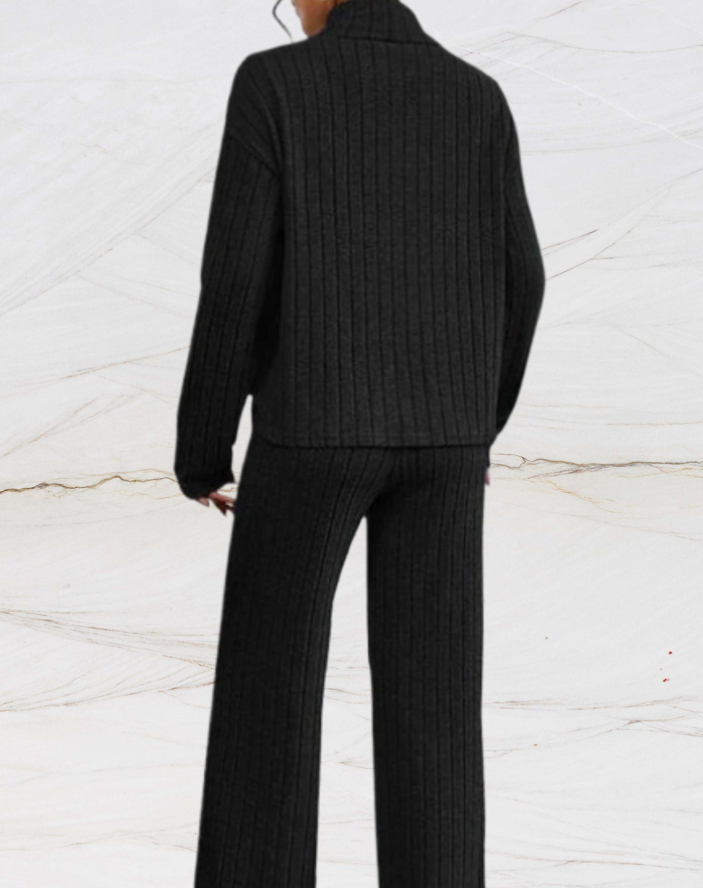 Dam Loungewear Set Ribbstickad 100% Bomull-3