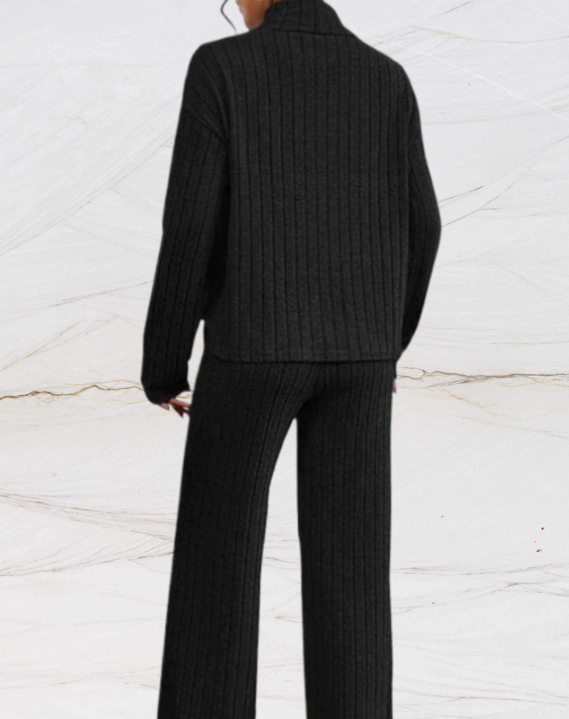 Dam Loungewear Set Ribbstickad 100% Bomull-3