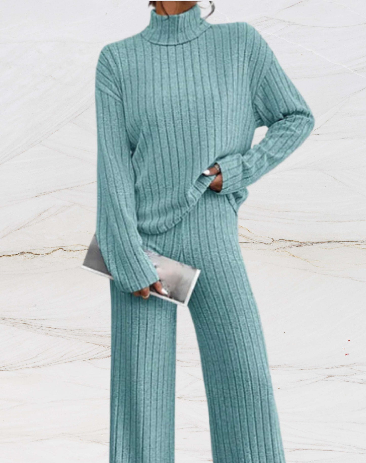 Dam Loungewear Set Ribbstickad 100% Bomull-4