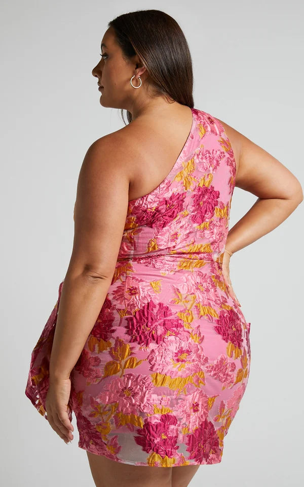 Mini Klänning En-Axel med Draperad Knut i Blommig Jacquard – Chic och Elegant för Speciella Tillfällen 5