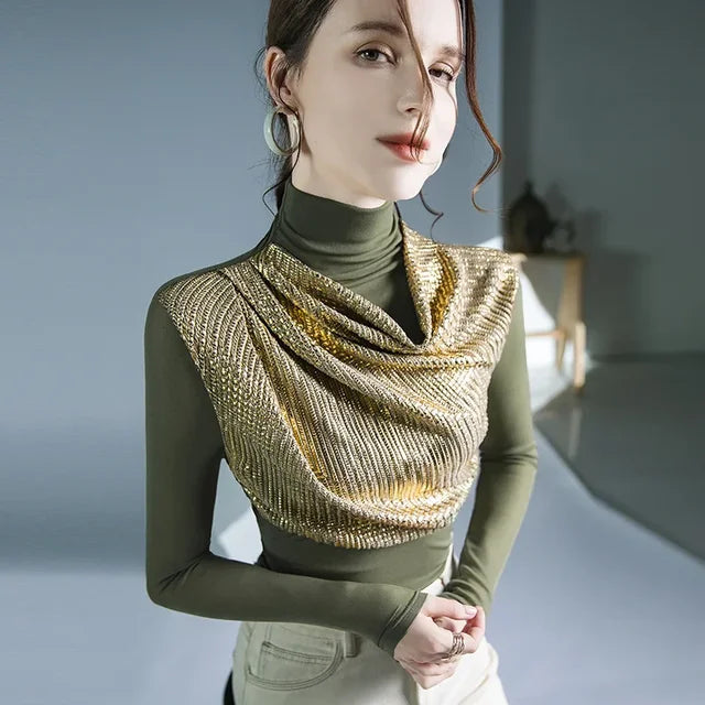 Dam Draperad Turtleneck Glittrig Topp med Paljetter för Festtoppar-1